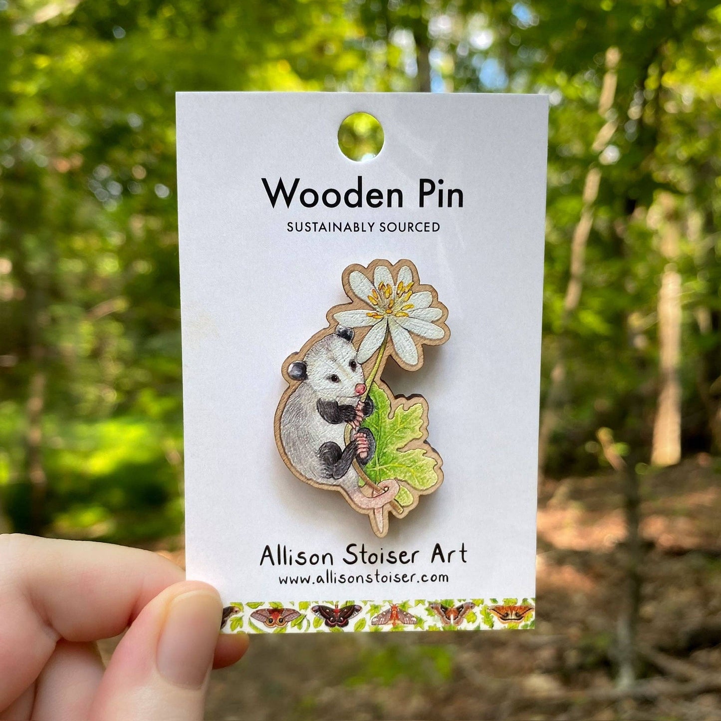 Opossum and Bloodroot Wooden Pin