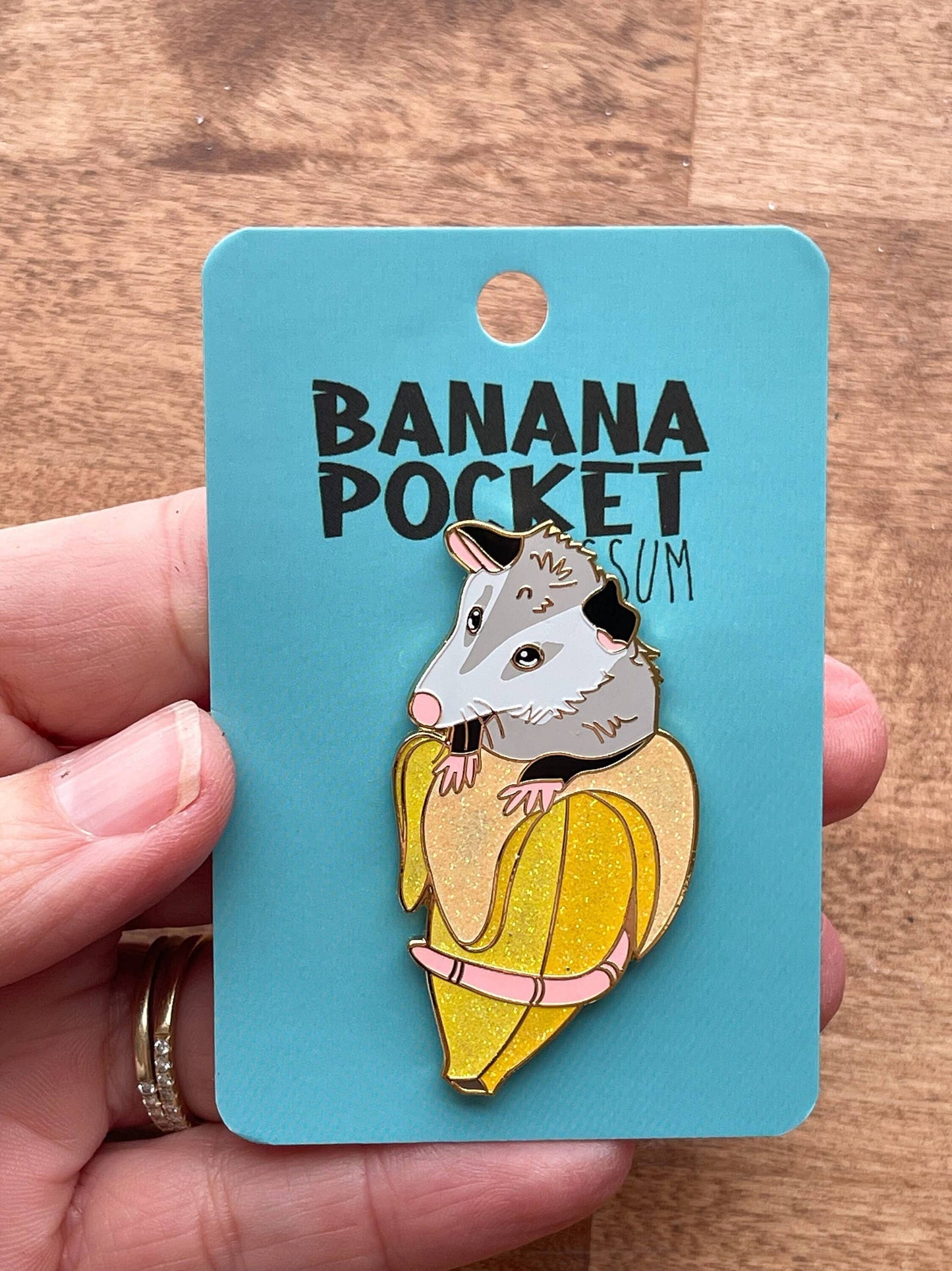 Glitter Banana Opossum Pocket Enamel Pin