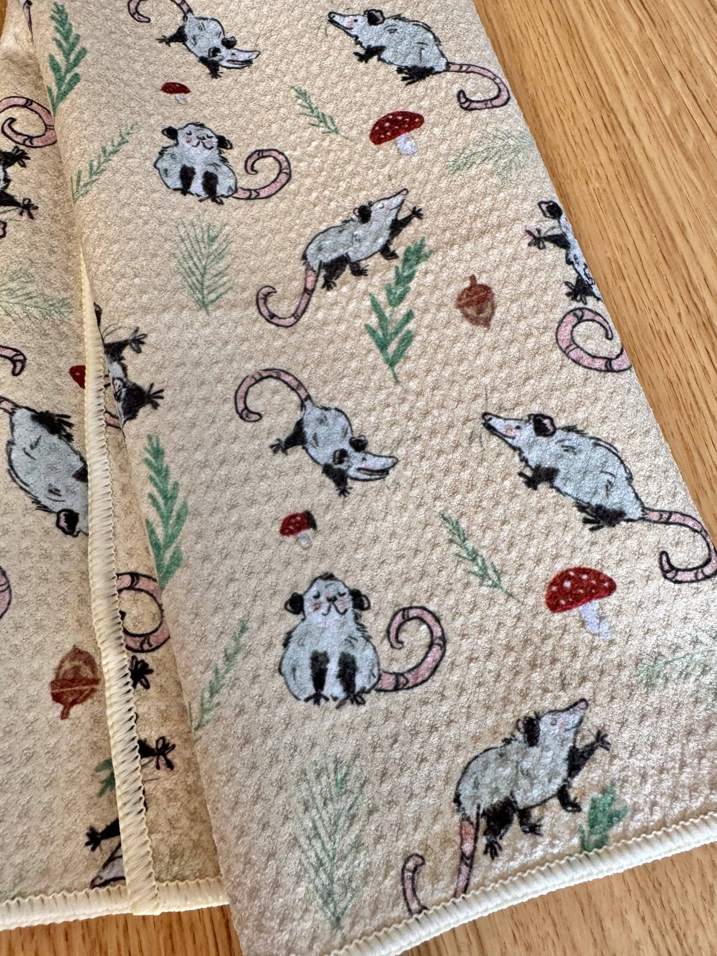 Opossum and Mushrooms Kitchen Tea Towel