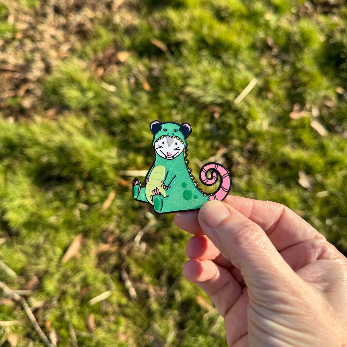 Glitter Dino Opossum Enamel Pin
