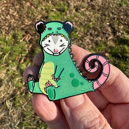Glitter Dino Opossum Enamel Pin