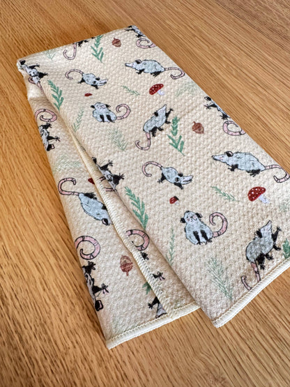 Opossum and Mushrooms Kitchen Tea Towel