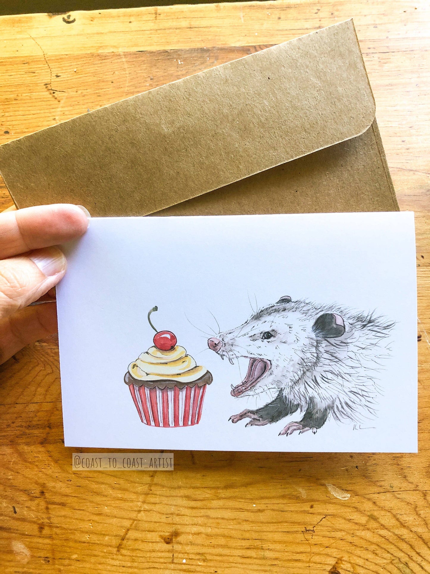 Birthday Cupcake Opossum Card and Envelope