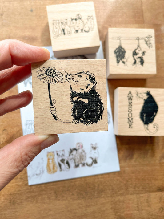 Opossum and Flower Rubber Stamp