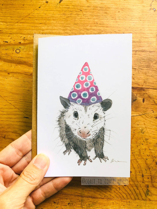 Birthday Hat Opossum Card and Envelope
