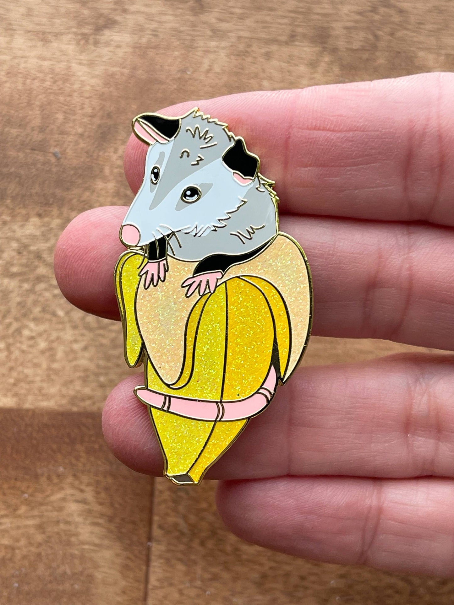 Glitter Banana Opossum Pocket Enamel Pin