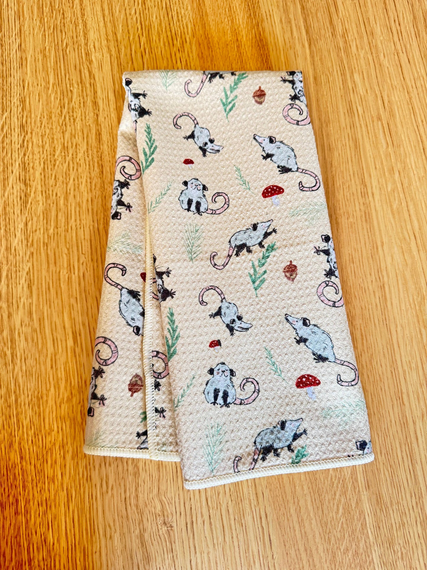 Opossum and Mushrooms Kitchen Tea Towel