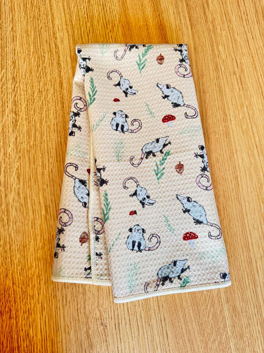 Opossum and Mushrooms Kitchen Tea Towel