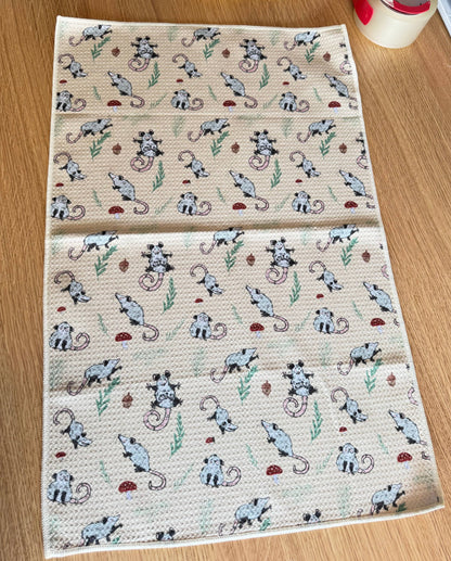 Opossum and Mushrooms Kitchen Tea Towel