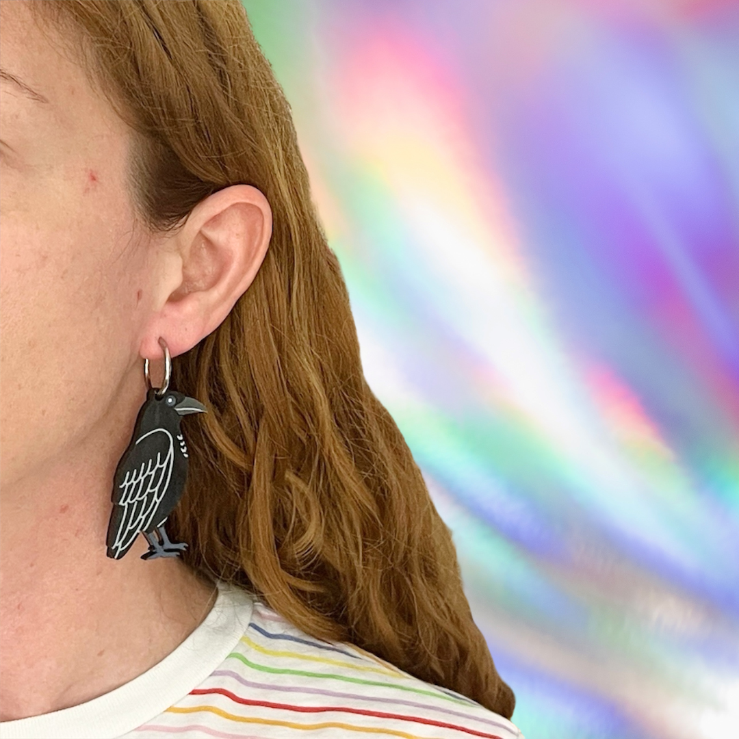 White and Black Raven Earrings