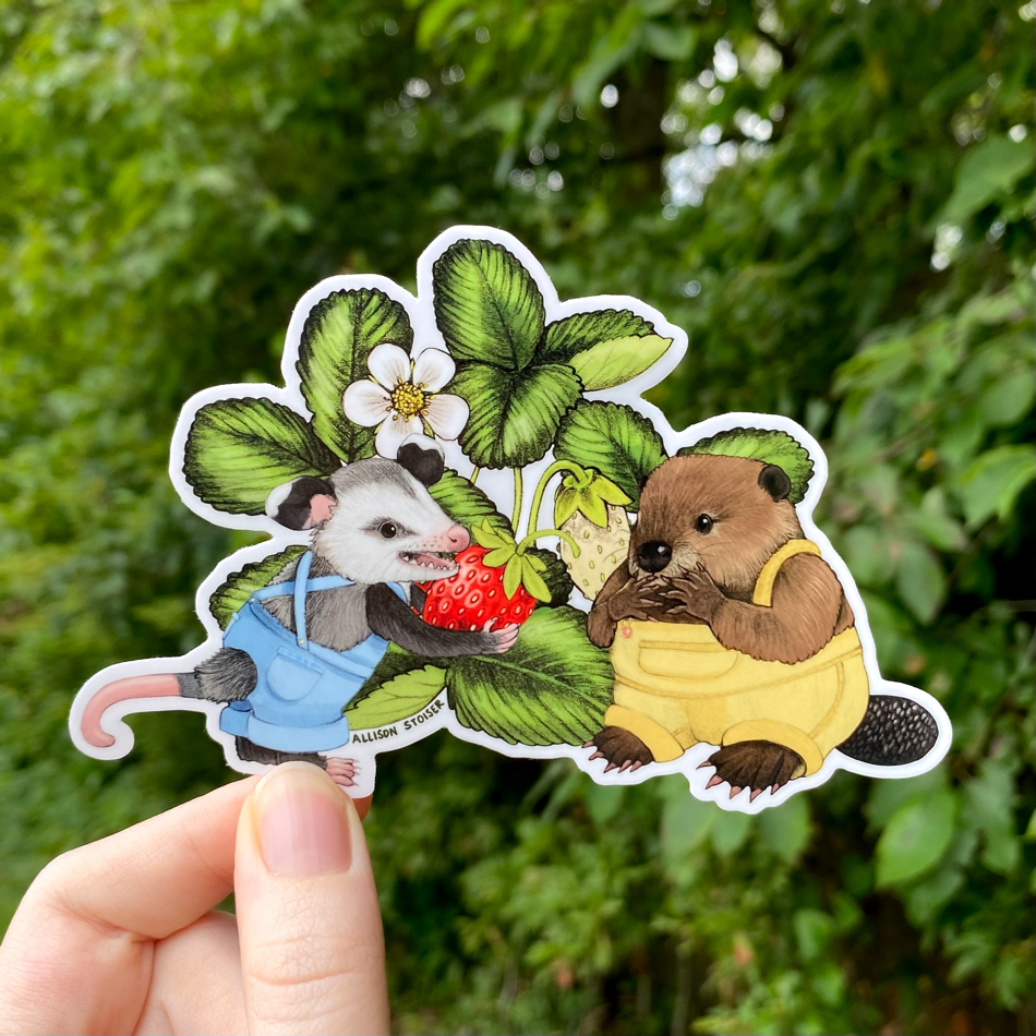Strawberry Farmer Opossum and Beaver Vinyl Sticker