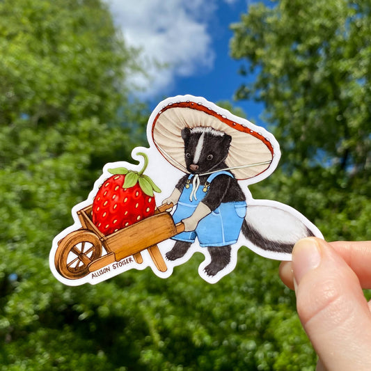 Strawberry Skunk with Wheelbarrow Vinyl Sticker