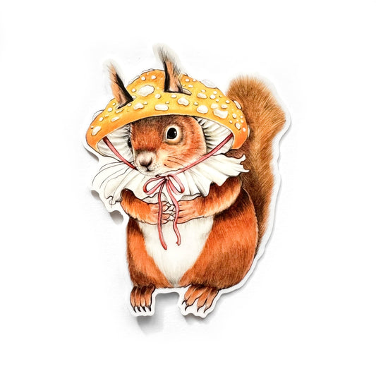 Red Squirrel in Mushroom Hat Vinyl Sticker