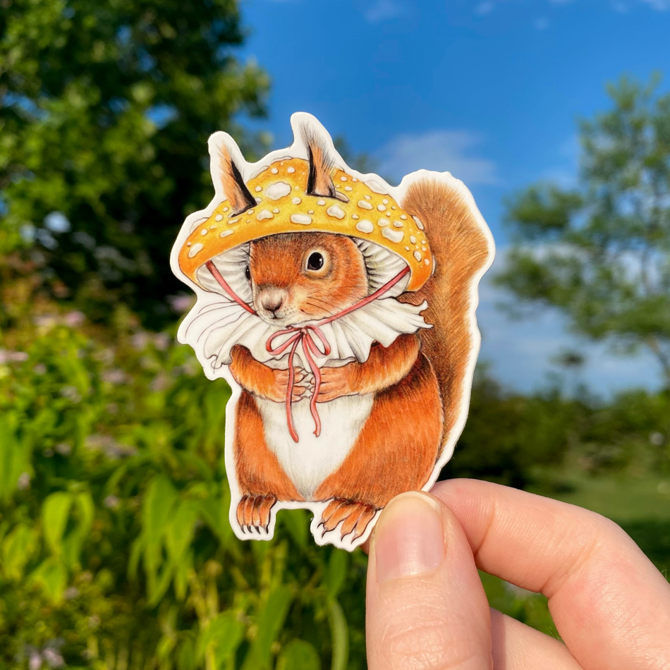 Red Squirrel in Mushroom Hat Vinyl Sticker