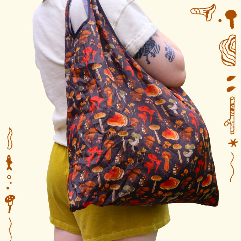 Many Mushrooms Print Reusable Grocery Bag