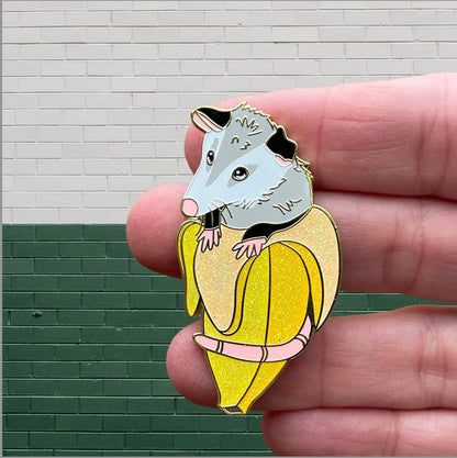 Glitter Banana Opossum Pocket Enamel Pin