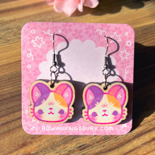 Calico Cat Wooden Earrings