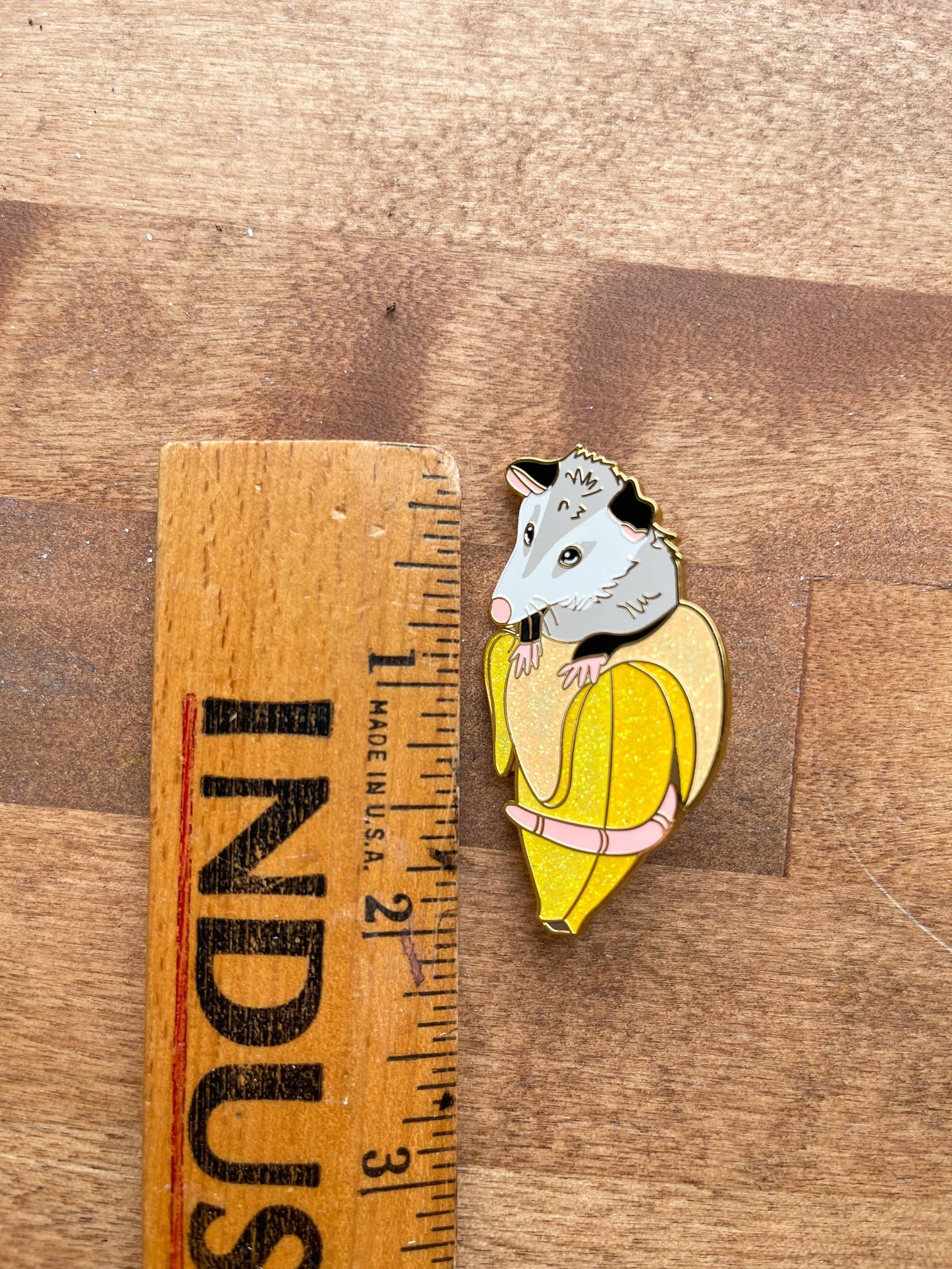 Glitter Banana Opossum Pocket Enamel Pin
