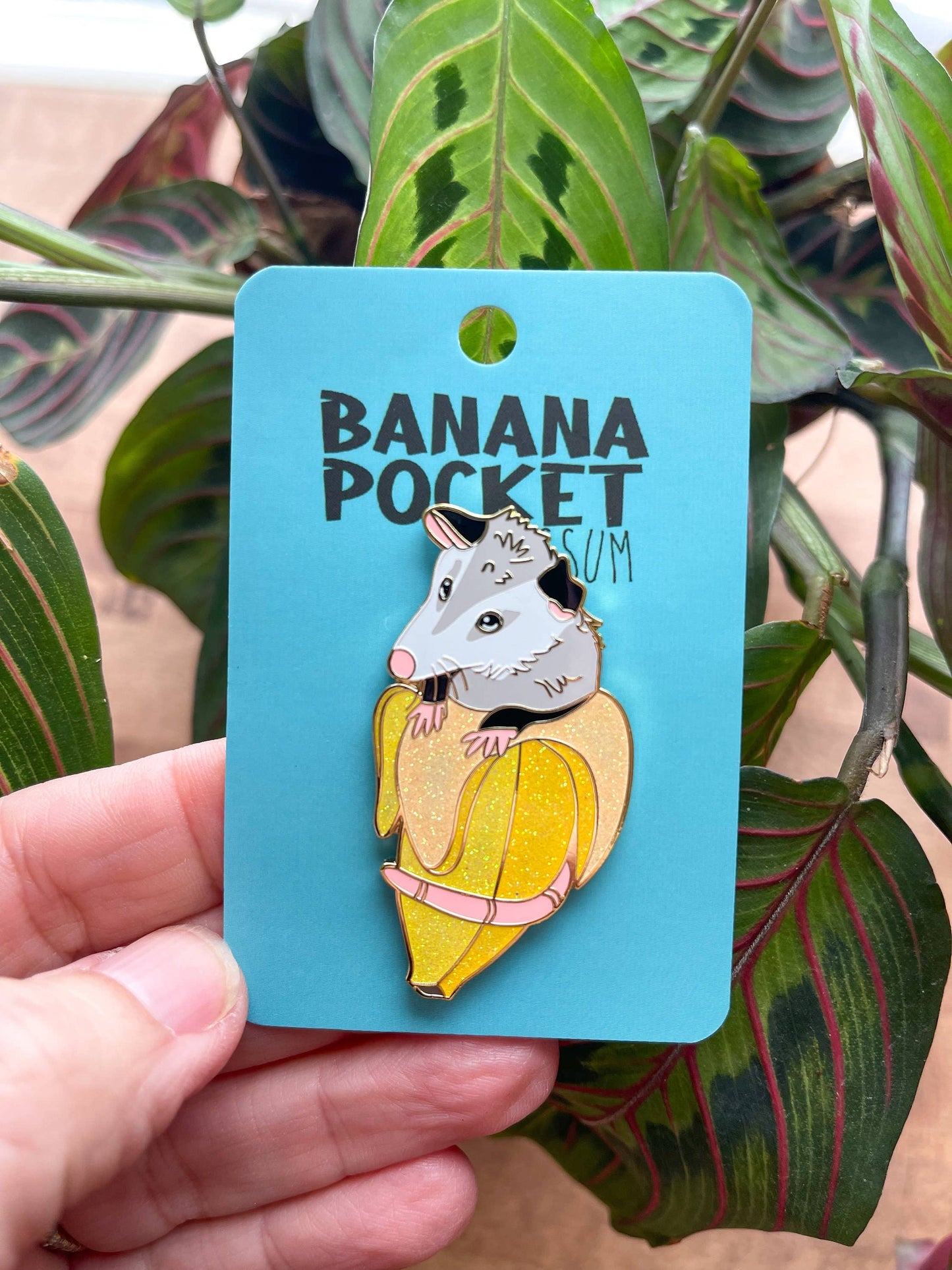 Glitter Banana Opossum Pocket Enamel Pin