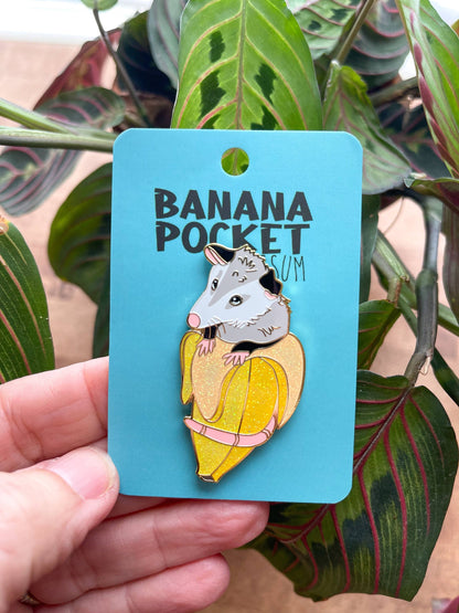 Glitter Banana Opossum Pocket Enamel Pin