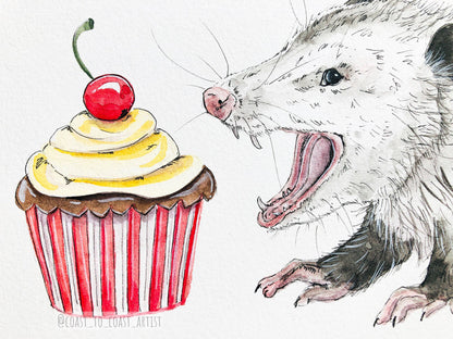 Birthday Cupcake Opossum Card and Envelope
