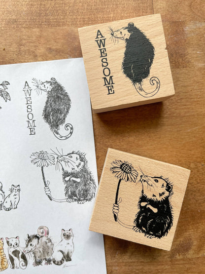 Opossum and Flower Rubber Stamp