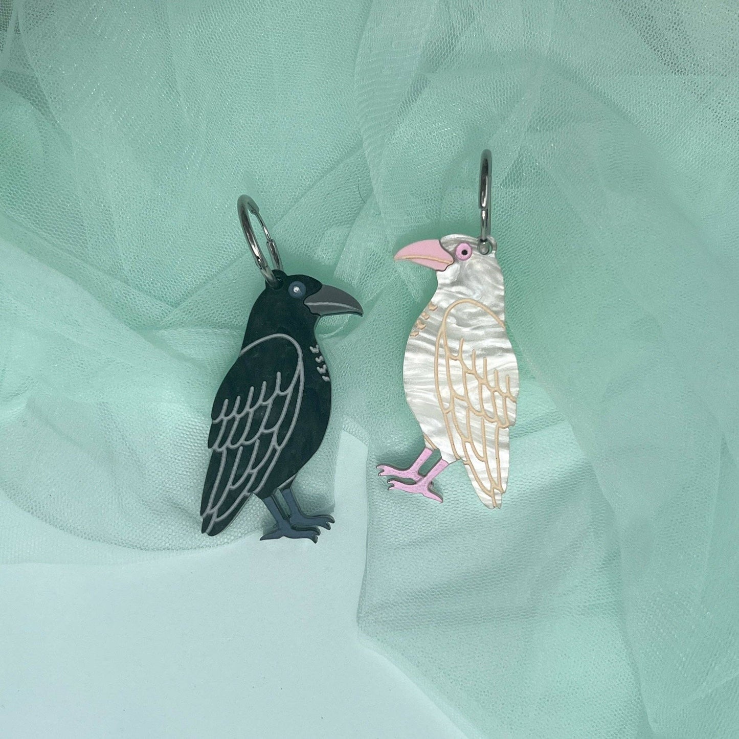 White and Black Raven Earrings